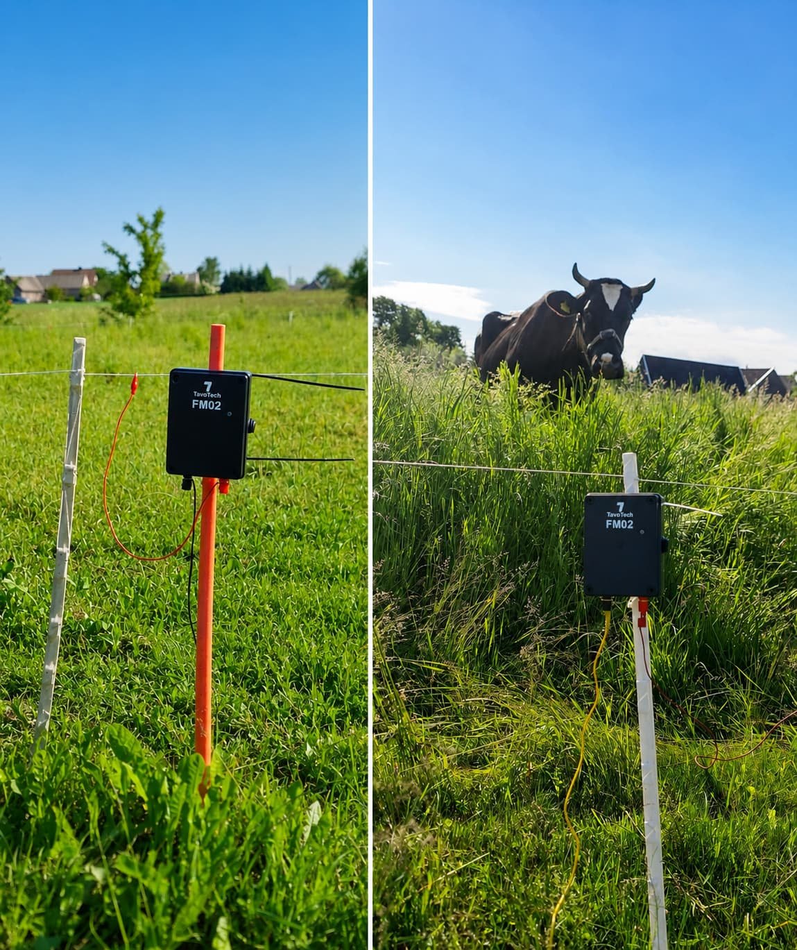 FM02 electric fence monitoring device in a pasture su galvijais