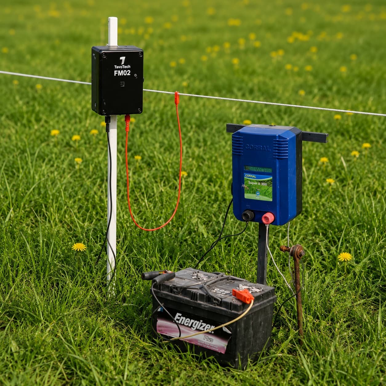 FM02 installed beside an electric-fence energiser